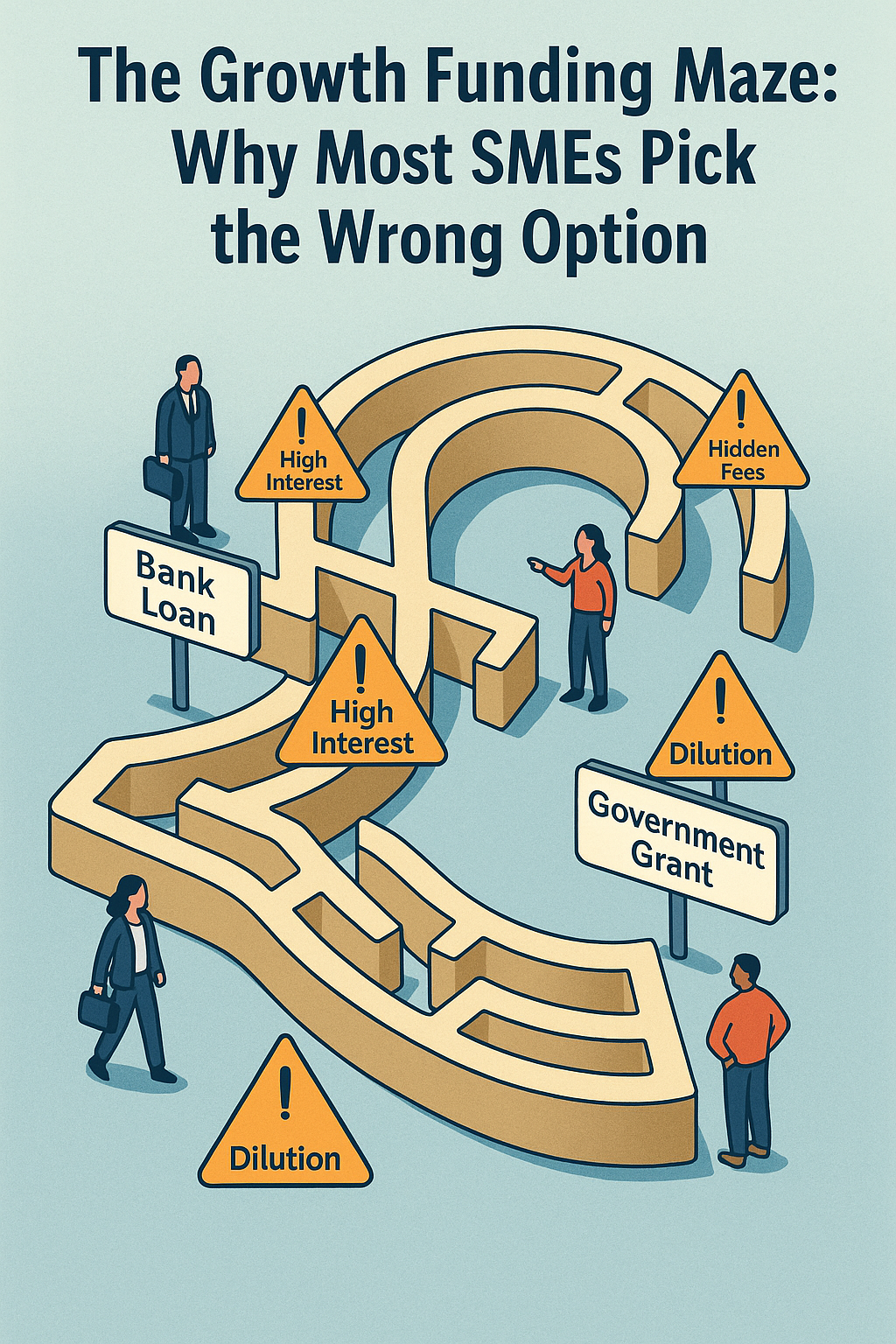 Illustrated maze showing SME funding options including bank loans, government grants, and various warning signs about high interest rates and hidden fees